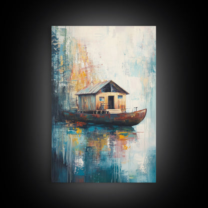 Floating House Painting, Lakefront Scene, Rustic Boat Art, Tranquil Landscape, Water Reflection Art, Framed Canvas Print