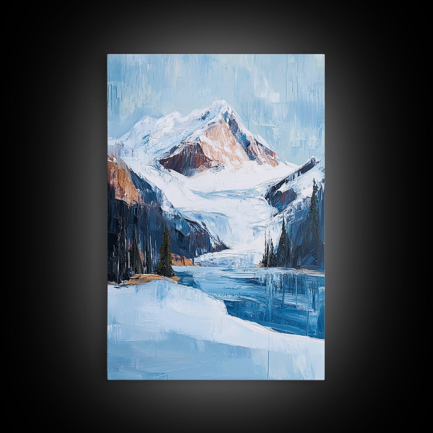 Snowy Mountain Lake, mountain painting, landscape painting, lake Tahoe art, extra wide art, panoramic art, Canvas Print