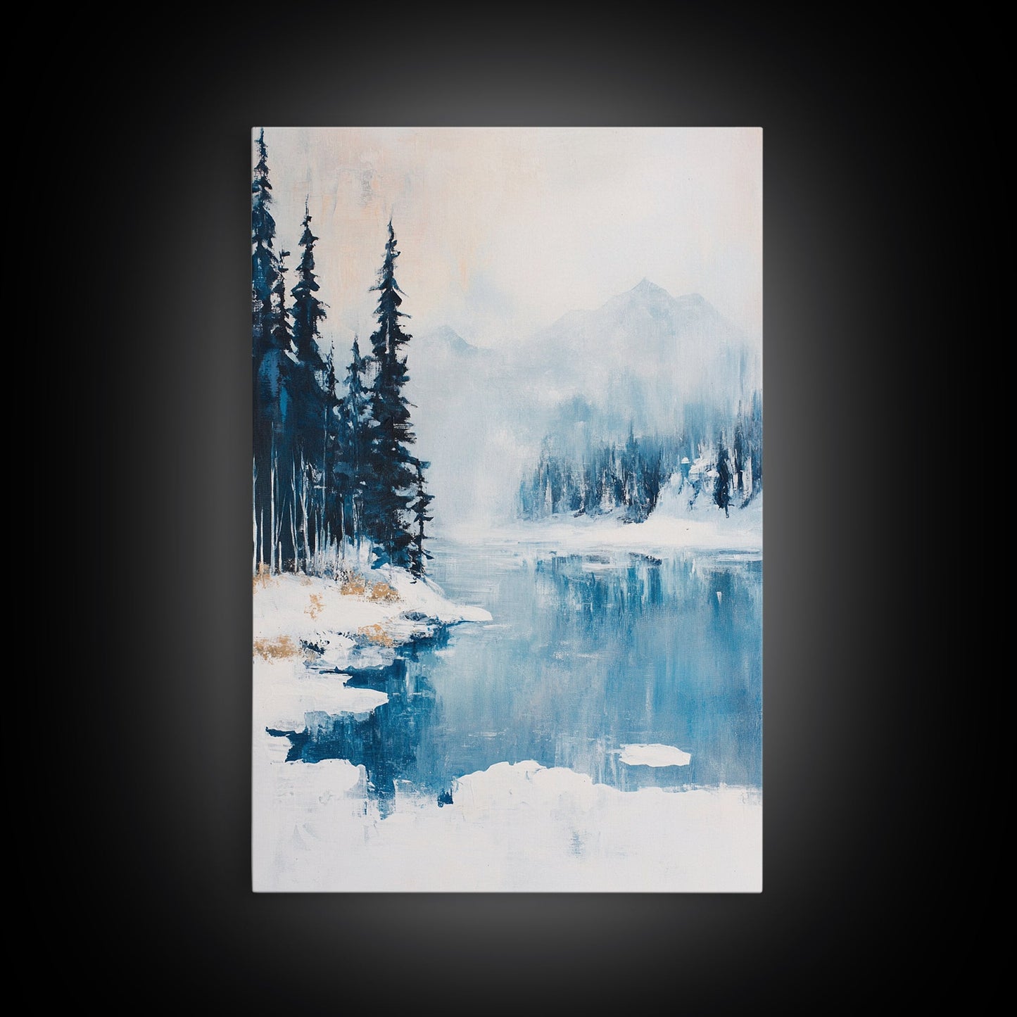 Snowy Mountain Scene, pine tree art, smoky mountain art, landscape painting, framed canvas print, rustic wall art, above sofa art