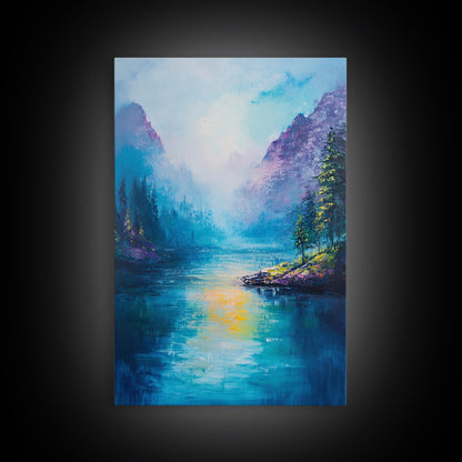 Mountain Lake View, Landscape Painting, Lake Tahoe Art, Smoky Mountain Art, Nature Wall Art, Bedroom Art, Framed Canvas Print