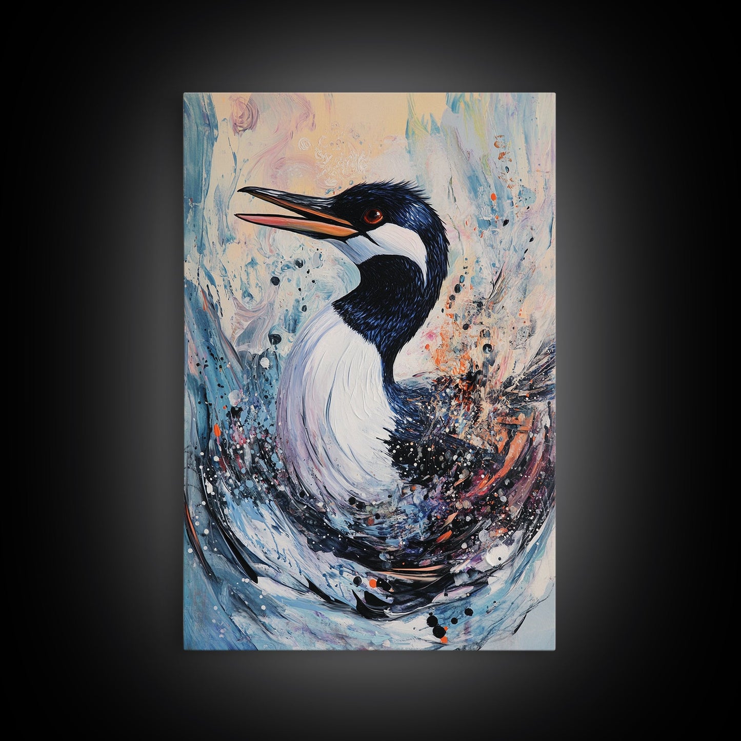 Abstract Loon, bird art, teal wall art, moody art, coastal decor, nautical painting, gift idea for her, Canvas Print, living room art