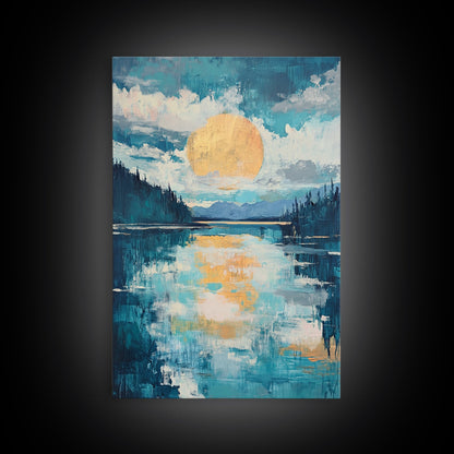 Moon Oil Painting, Smoky Mountain Art, Wabi Sabi Wall Art, Framed Canvas Print, Moody Art, Blue and Green Wall Art, Above Sofa Art