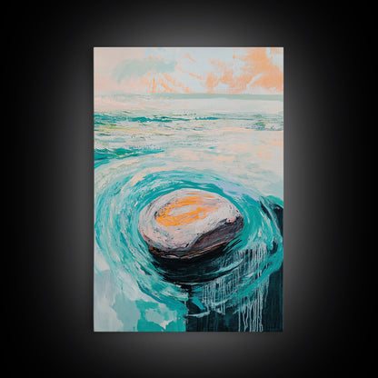 Ocean Rock Waves Canvas Print Coastal Wall Art, Beach House Decor, Abstract Seascape Painting, Nautical Art, Modern Minimalist Art