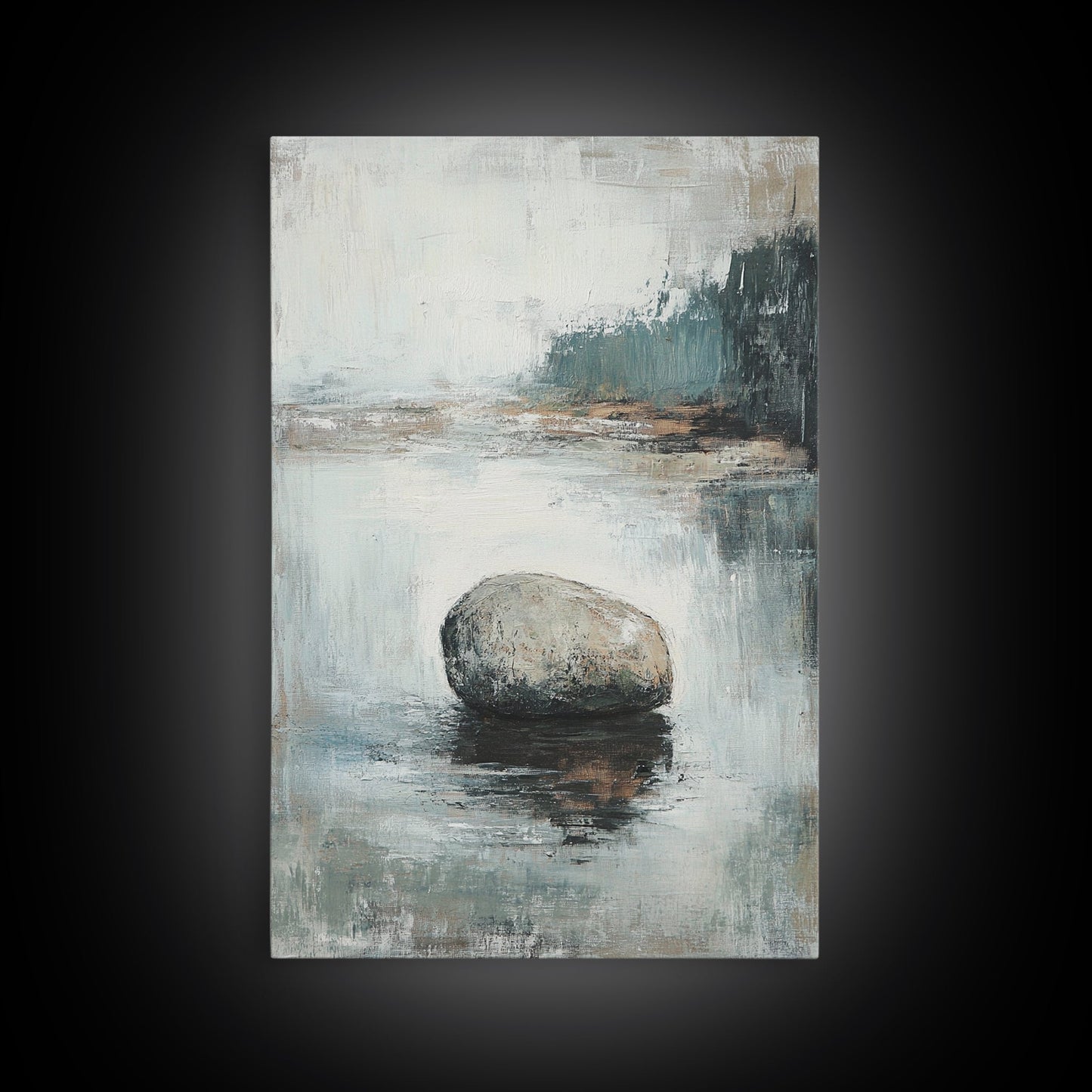 Serene River Rock Canvas Print Nature Inspired Wall Art, Minimalist Landscape Painting, Zen Decor, Neutral Tones, Living Room Artwork