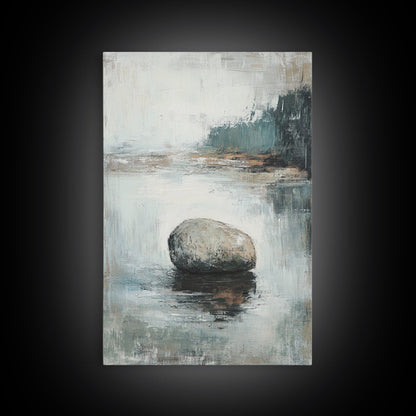 Serene River Rock Canvas Print Nature Inspired Wall Art, Minimalist Landscape Painting, Zen Decor, Neutral Tones, Living Room Artwork