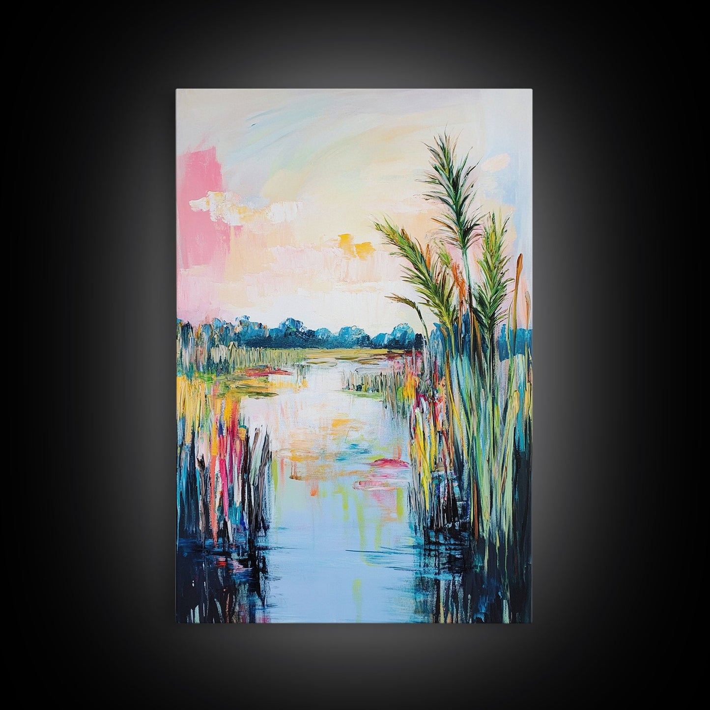 Lakeside Serenity Framed Canvas Print | Nature Landscape Painting | Peaceful Water Reflection Art | Boho Wall Decor | Pastel Colors
