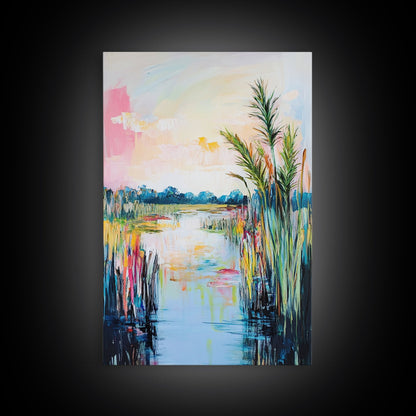 Lakeside Serenity Framed Canvas Print | Nature Landscape Painting | Peaceful Water Reflection Art | Boho Wall Decor | Pastel Colors