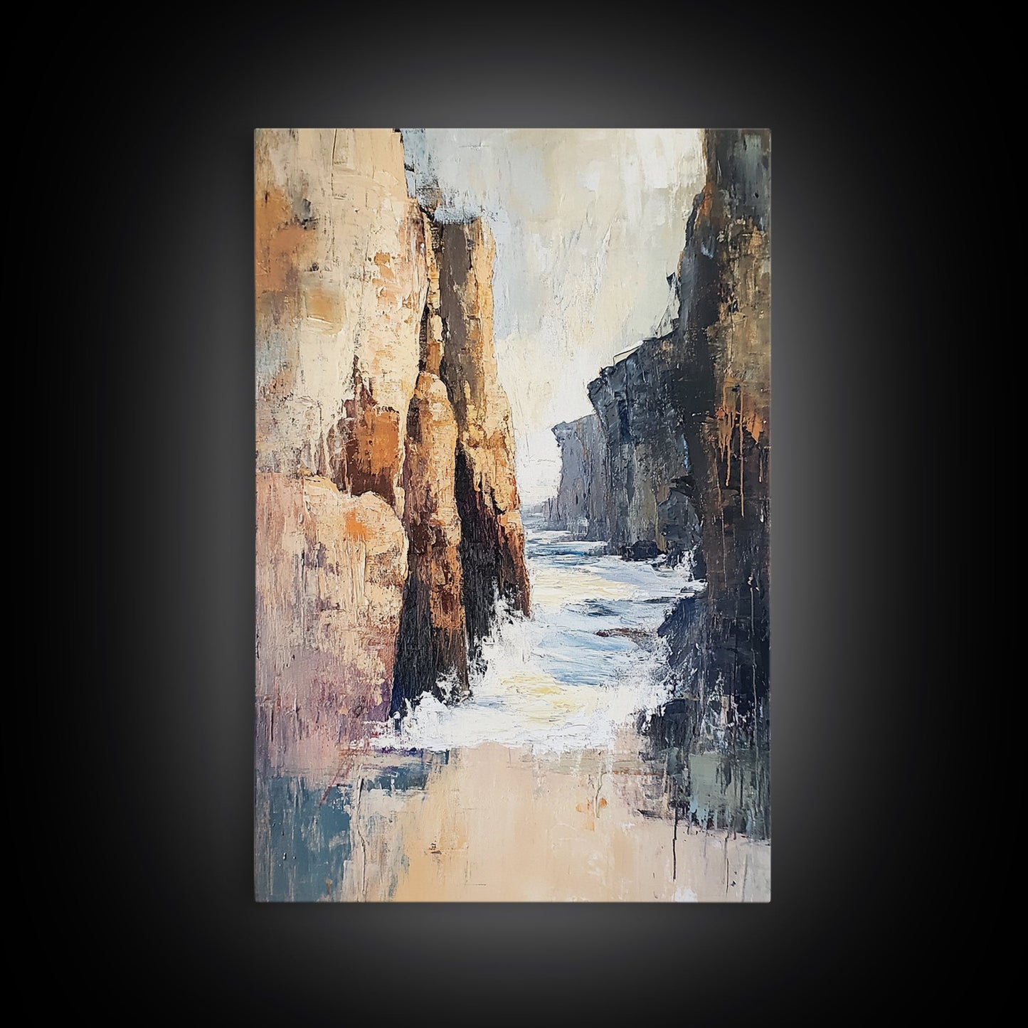 Canyon Coastal Waves Framed Canvas Print Dramatic Landscape Wall Art, Nature Painting, Rustic Western Art, Ocean Cliffs Artwork