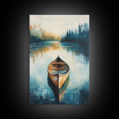 Still Water Canoe, Lake Tahoe Art, Nautical Painting, Rustic Wall Art, Moody Art, Extra Wide Art, Above Couch Art, Canvas Print