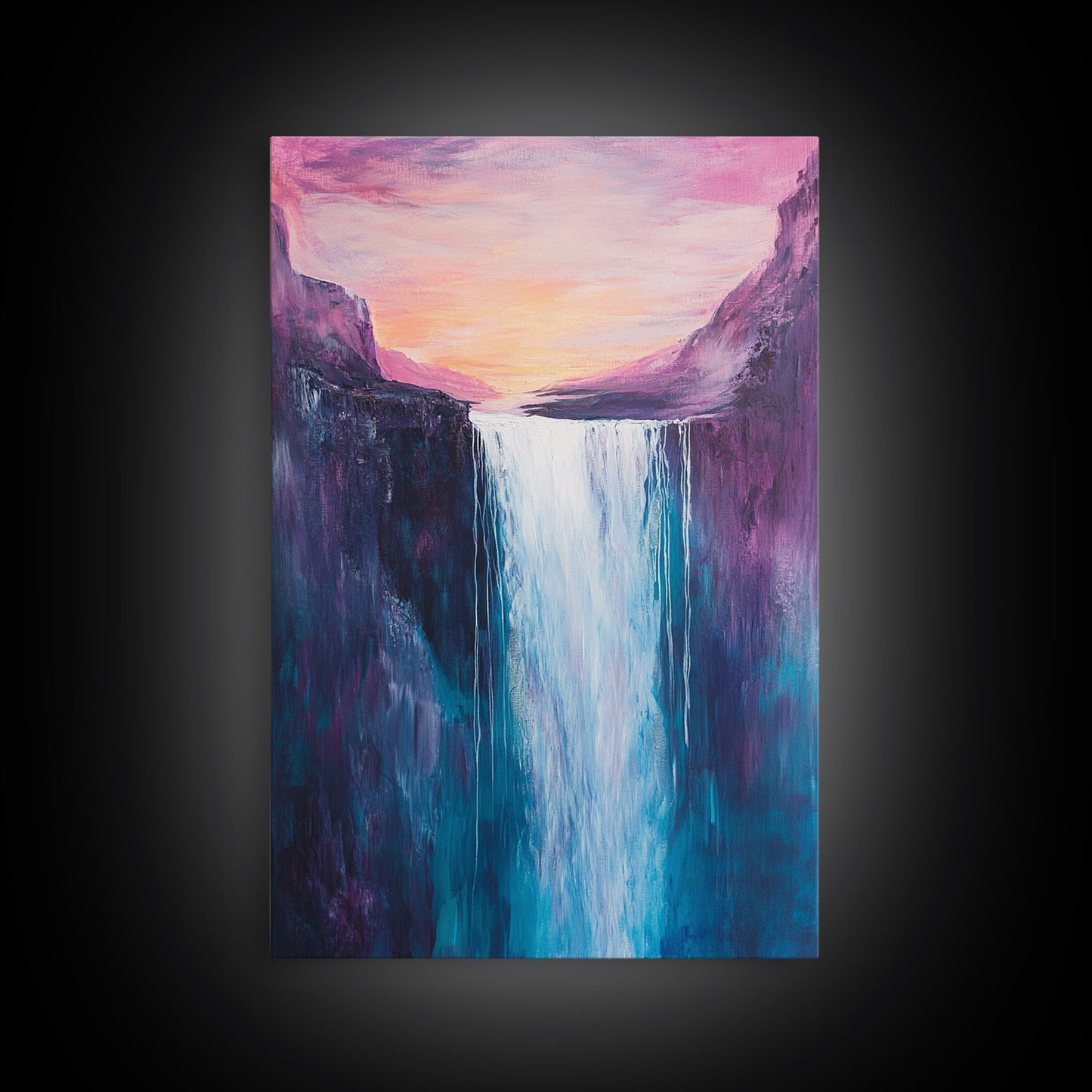 Waterfall Sunset, Moody Art, Mountain Painting, Landscape Painting, Pink Orange Wall Art, Above Couch Art, Canvas Print