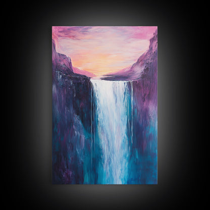 Waterfall Sunset, Moody Art, Mountain Painting, Landscape Painting, Pink Orange Wall Art, Above Couch Art, Canvas Print