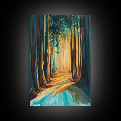 Golden Forest, moody art, pine tree art, wabi sabi wall art, landscape painting, rustic decor, Framed Canvas Print, autumn decor