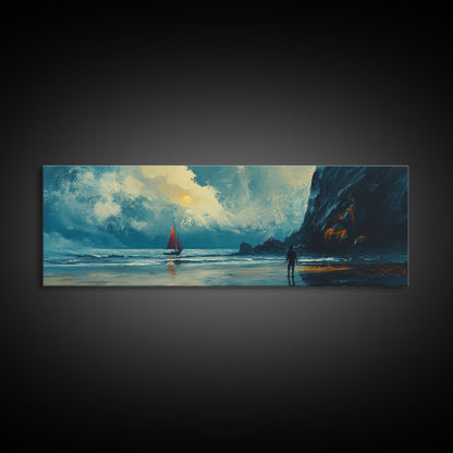 Moonlit Sailboat Canvas Print Dramatic Ocean Wall Art, Coastal Nautical Painting, Dark Blue Seascape, Moody Living Room Decor