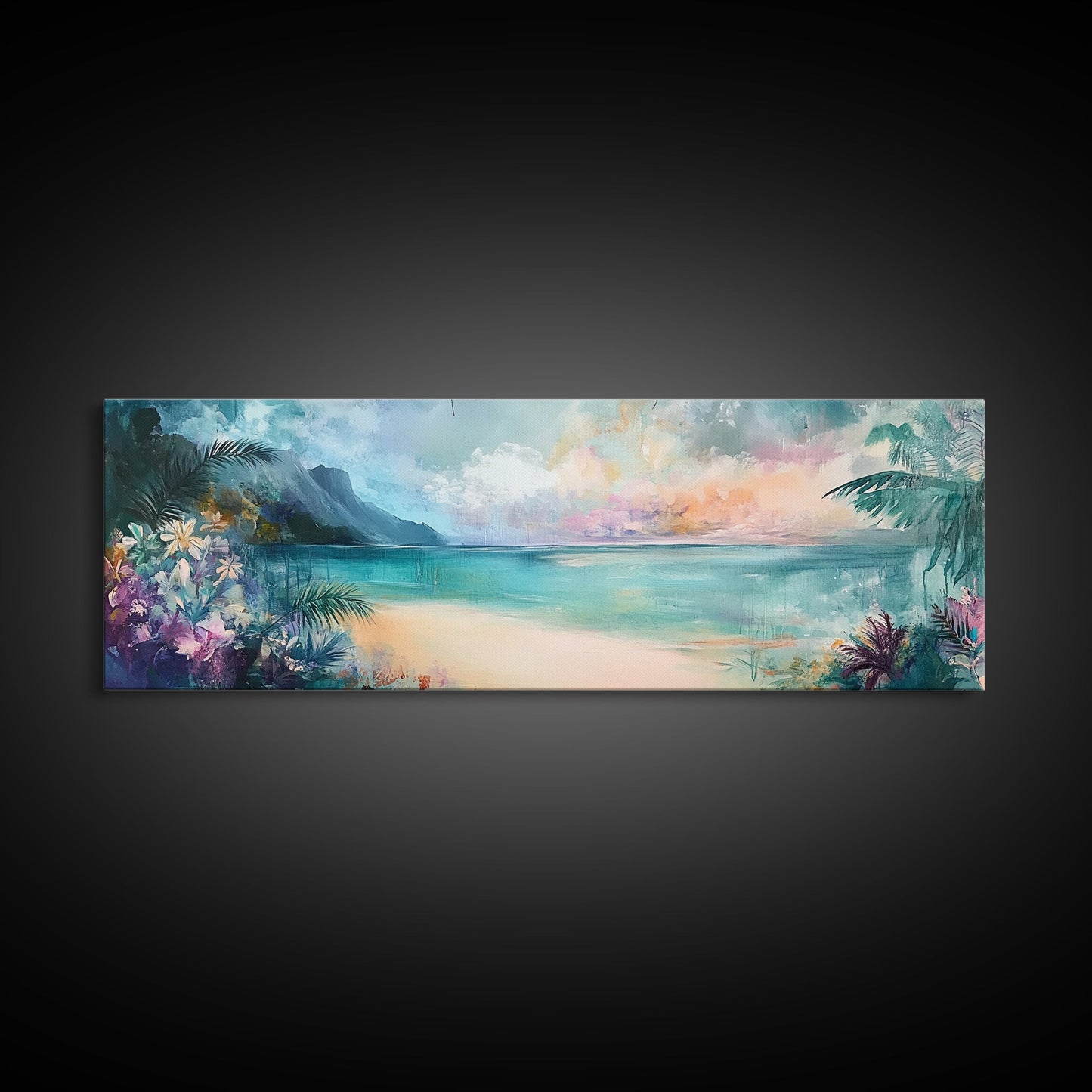 Tropical Beach Paradise Framed Canvas Print, Vibrant Ocean Wall Art, Hawaii Sunset Painting, Coastal Living Room Decor, Relaxing Art