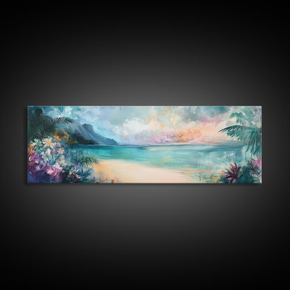 Tropical Beach Paradise Framed Canvas Print, Vibrant Ocean Wall Art, Hawaii Sunset Painting, Coastal Living Room Decor, Relaxing Art