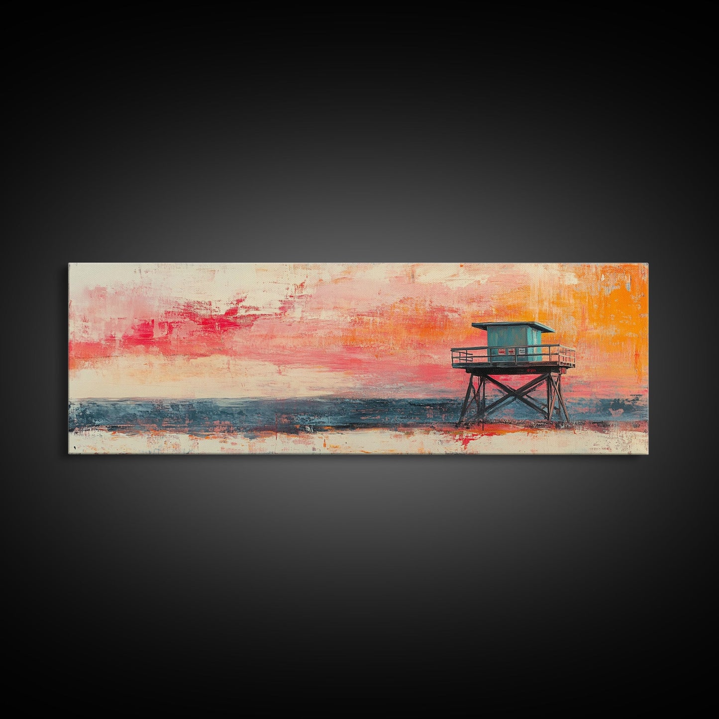 Lifeguard Tower Beach Art, Vibrant Coastal Sunset Painting, Colorful Ocean Wall Decor, Modern Beach House Art, Living Room Wall Art