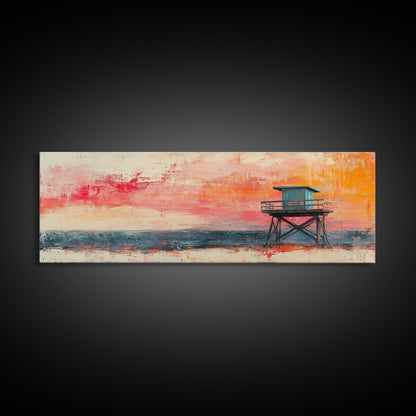 Lifeguard Tower Beach Art, Vibrant Coastal Sunset Painting, Colorful Ocean Wall Decor, Modern Beach House Art, Living Room Wall Art