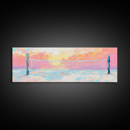 Sunset Beach Volleyball Painting, Pastel Ocean Sports Art, Fun Summer Wall Decor, Playful Living Room, Framed Canvas Print