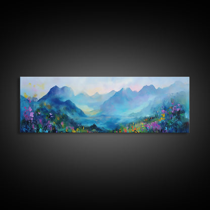 Alpine Sunrise Framed Canvas Print - Misty Mountain Wall Art, Nature Landscape Painting, Warm Toned Home Decor, Living Room Accent