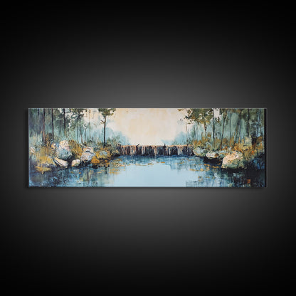 Tranquil River Framed Canvas Print Nature Landscape Art Rustic Cabin Decor Serene Waterfall Painting Lodge Wall Art Autumn Forest Scene