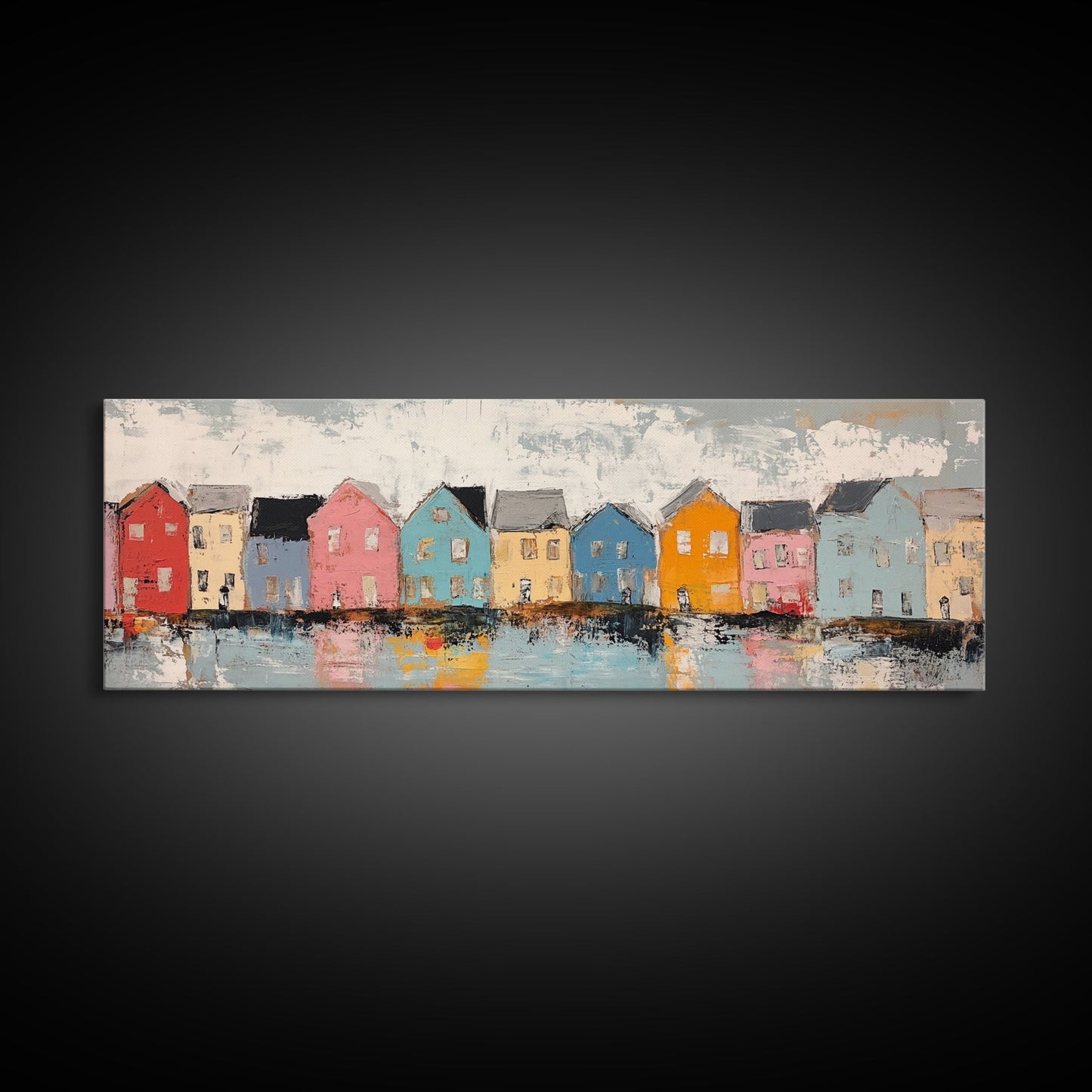 Coastal Village Houses Framed Canvas Print Colorful Seaside Town Painting Rustic Home Wall Art Nautical Decor Large Wall Art