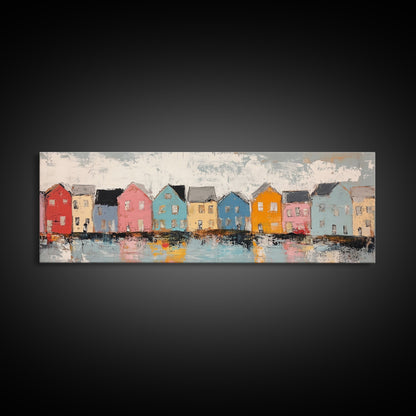 Coastal Village Houses Framed Canvas Print Colorful Seaside Town Painting Rustic Home Wall Art Nautical Decor Large Wall Art