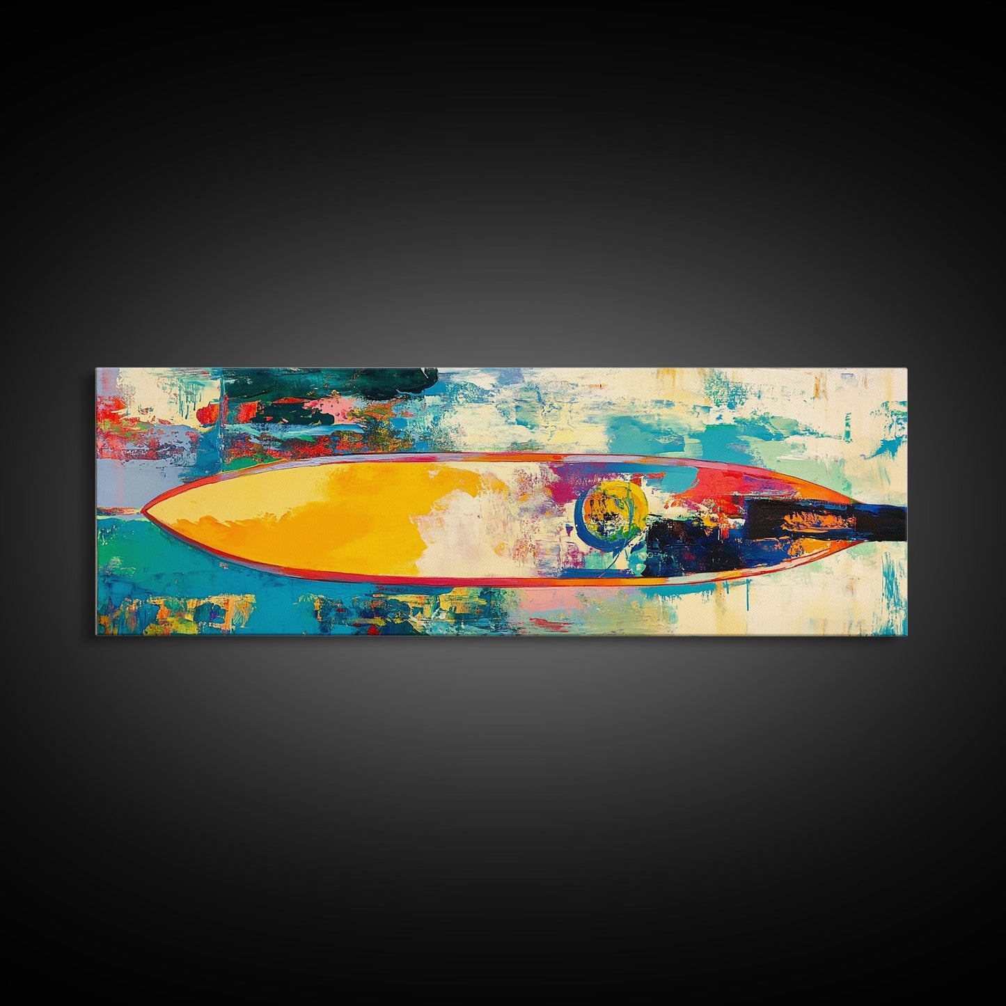 Abstract Surfboard Framed Canvas Print Coastal Beach House Wall Art, Vibrant Surfing Decor, Colorful Ocean Painting, Modern Boho Art