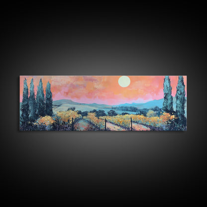 Tuscany Vineyard Painting Sunset Landscape Wall Art Rustic Countryside Decor Warm Autumn Aesthetic Dining Room