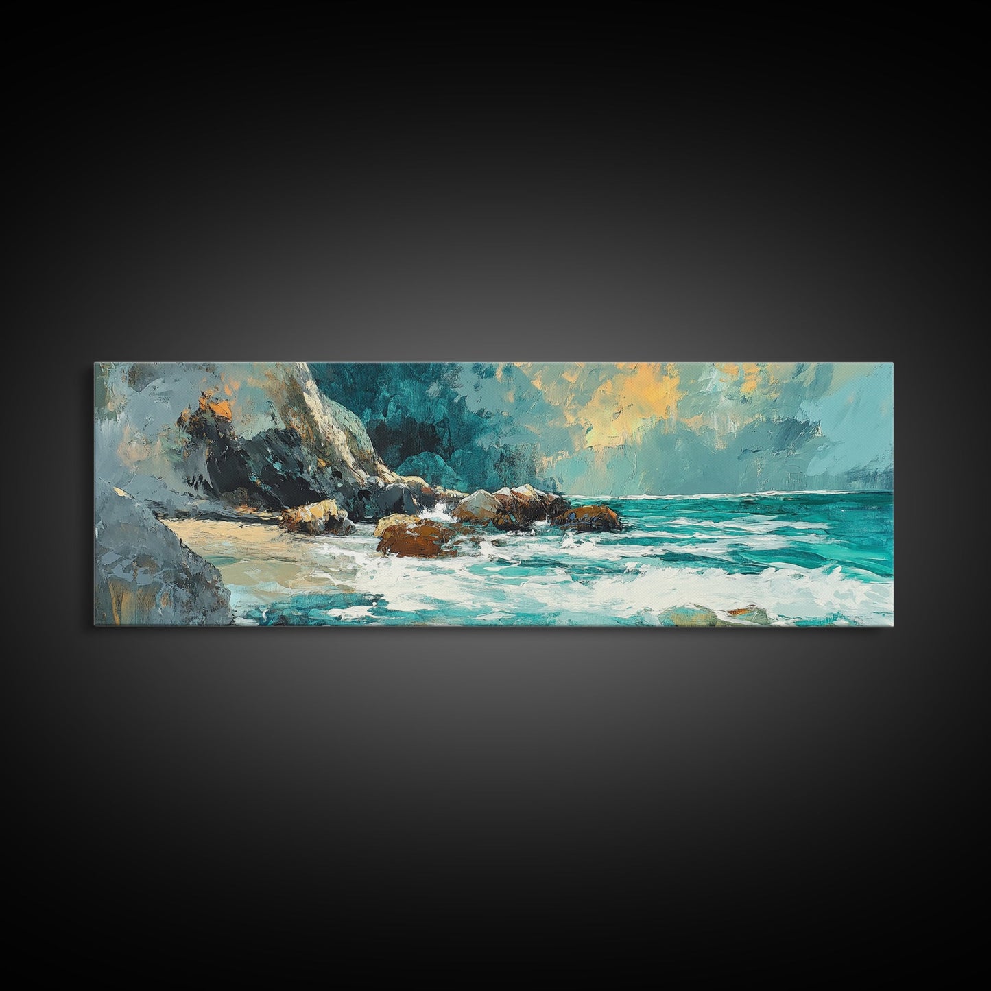 Ocean Cliffside Painting Coastal Rocky Beach Wall Art Dramatic Seascape Artwork Nautical Home Decor Dining Room