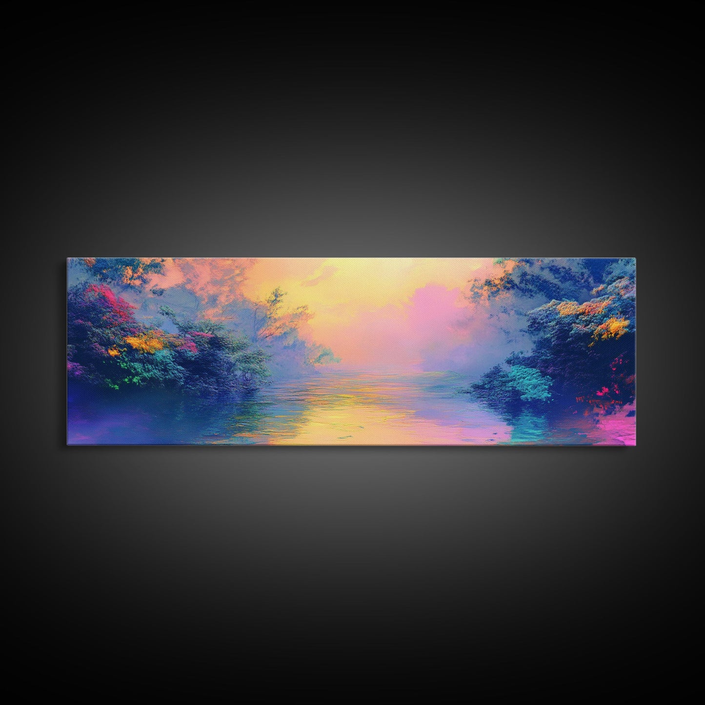 Vibrant Sunset River Framed Canvas Print, Colorful Nature Art, Dreamy Landscape Painting, Living Room Wall Art, Boho Sunset Decor