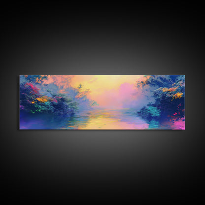 Vibrant Sunset River Framed Canvas Print, Colorful Nature Art, Dreamy Landscape Painting, Living Room Wall Art, Boho Sunset Decor