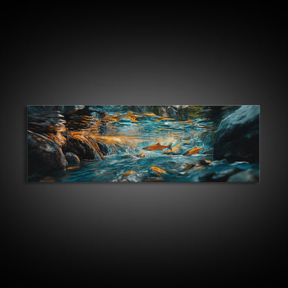 Vibrant Underwater River Scene Framed Canvas Print, Nature Wall Art, Rustic Cabin Decor, Wildlife Painting, Living Room Art