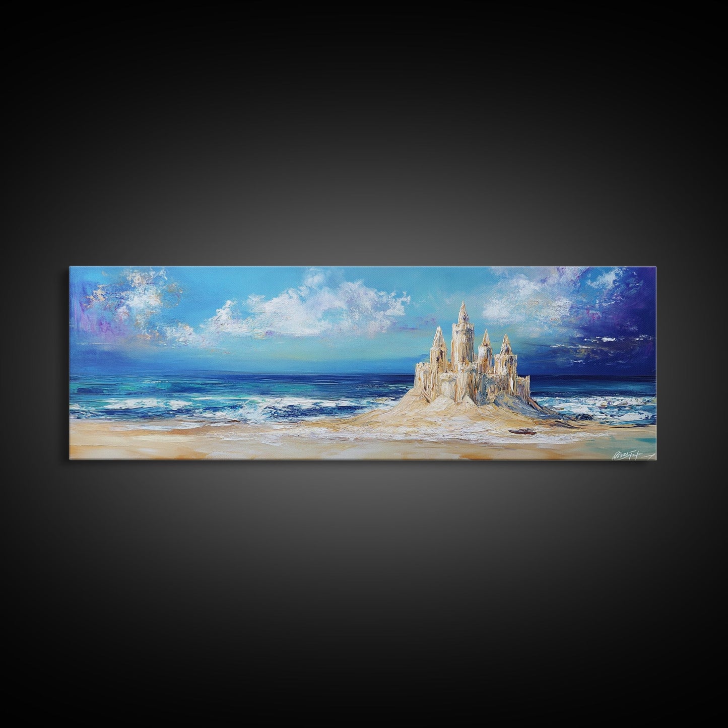 Fantasy Sandcastle Seascape Framed Canvas Print, Beach House Wall Art, Nautical Painting, Whimsical Ocean Scene, Kids Room Decor