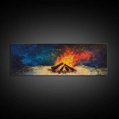 Fiery Campfire Night Canvas Print Rustic Outdoor Wall Art Cozy Bonfire Painting Autumn Cabin Decor Warm Wilderness Gift
