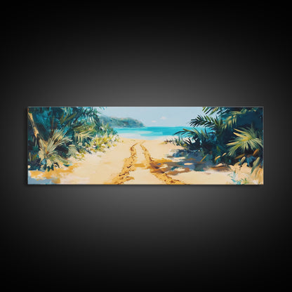 Tropical Beach Path, Palm Tree Art, Ocean Painting, Coastal Wall Decor, Relaxing Retreat Art, Home Print, Framed Canvas Print