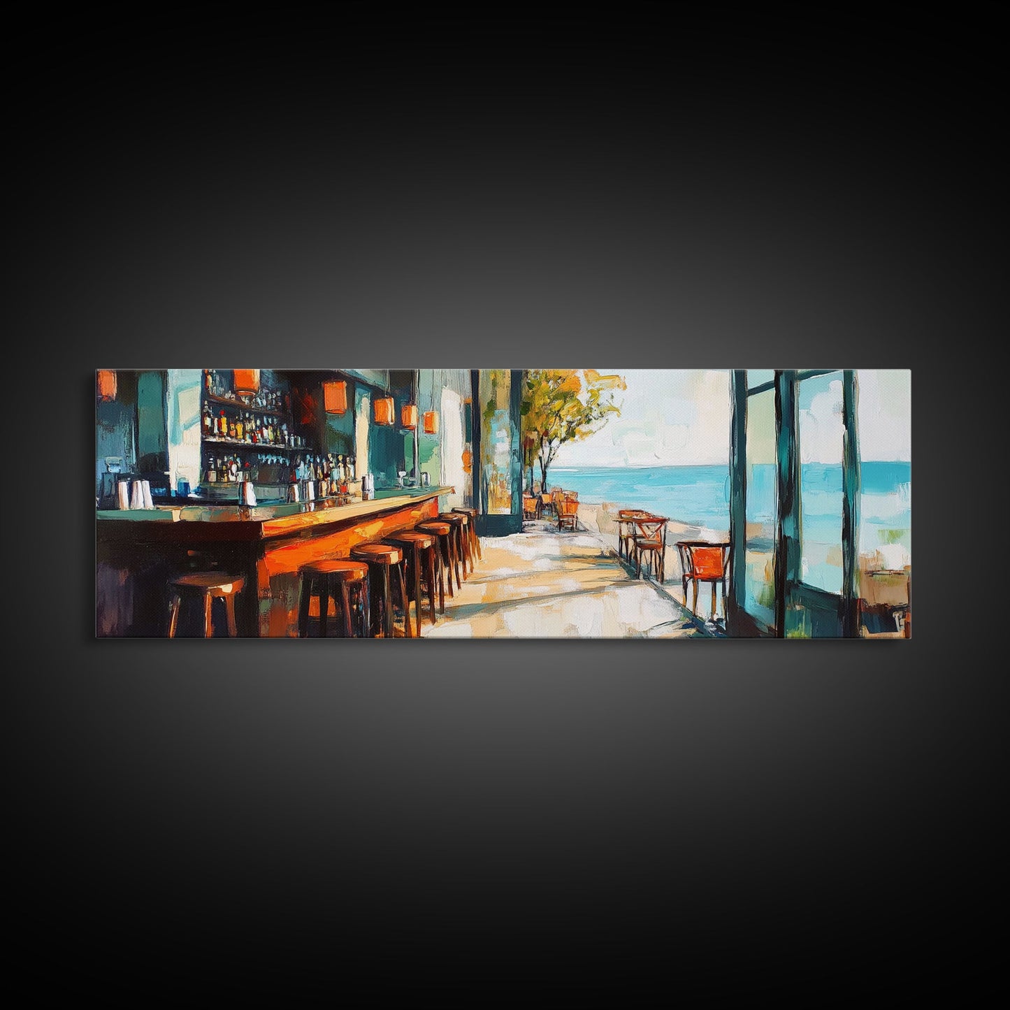 Coastal Beach Bar Framed Canvas Print Modern Seaside Cafe Painting, Coastal Kitchen Wall Art, Tropical Decor, Ocean View Artwork