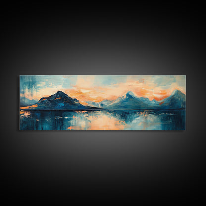 Mountain Reflections at Sunset Wall Art, Abstract Landscape Painting, Blue and Orange Artwork, Statement Piece, Office