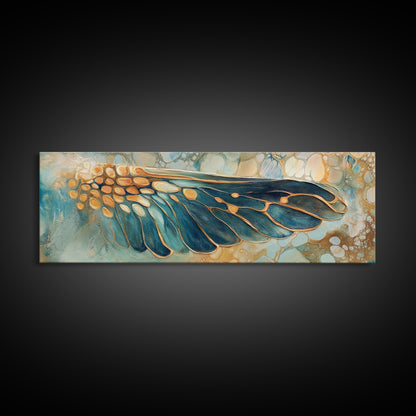 Elegant Butterfly Wing Abstract Art, Blue and Gold Nature Painting, Modern Minimalist Artwork, Bedroom or Office Wall Decor