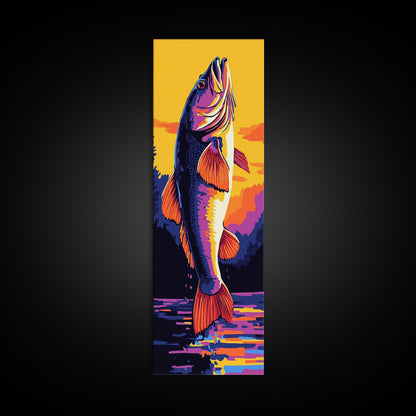Jumping Fish, Bass Fishing Art, Vibrant Lake Scene, Bold Outdoor Wall Decor, Cabin Aesthetic, Nature Lover Gift, Framed Canvas Print