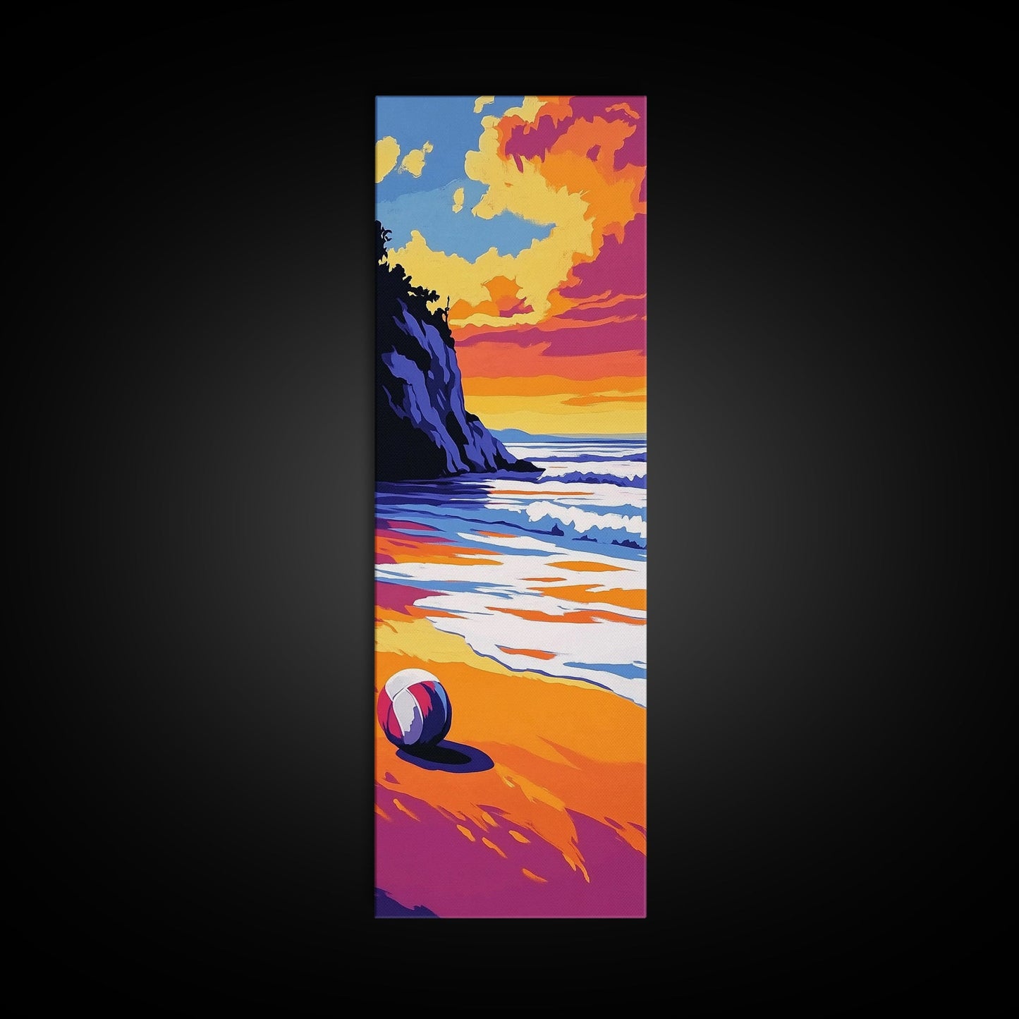 Beach Ball, Ocean Shore, Vibrant Sunset Art, Serene Seaside Print, Bold Beach House Decor, Relaxing Wall Aesthetic, Framed Canvas Print