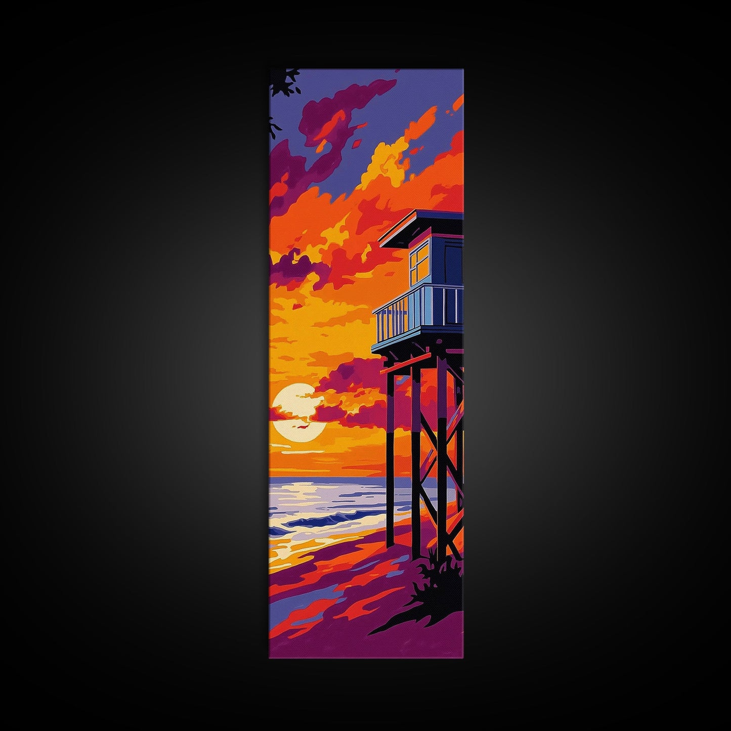 Lifeguard Tower, Ocean Sunset, Beach House Art, Framed Canvas Print, Coastal Wall Decor, Vibrant Seascape Painting, Nautical Decor