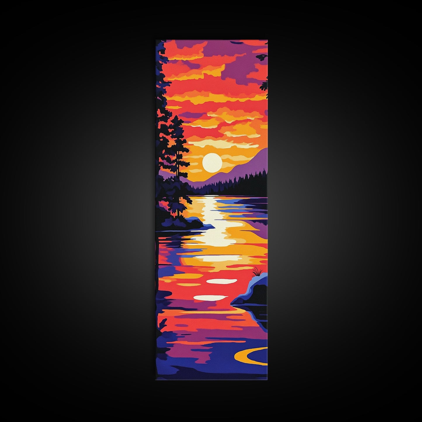 Serene Lake Sunset, Tranquil Nature Wall Art, Scenic Landscape Print, Warm Color Painting, Fall Home Decor, Framed Canvas Print