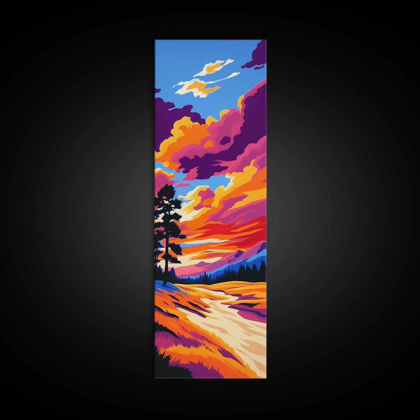 Golden River, Sunset Meadow, Vibrant Sky, Nature Wall Art, Framed Canvas Print, Boho Home Decor, Peaceful Landscape Aesthetic