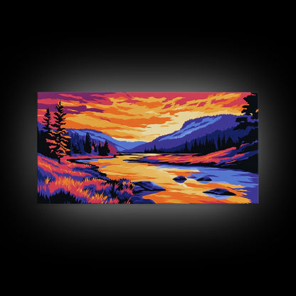 „Bergfluss im Glanz“, Leinwanddruck, Ruhige Landschaftskunst, Lebendige Naturszene, Rustikale Wanddekoration, Wohnzimmerkunst, Hüttenästhetik