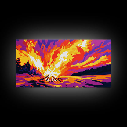 Campfire Blaze, Night Sky Glow, Framed Canvas Print, Cozy Cabin Wall Art, Rustic Living Room, Adventure Decor, Warm Autumn Colors