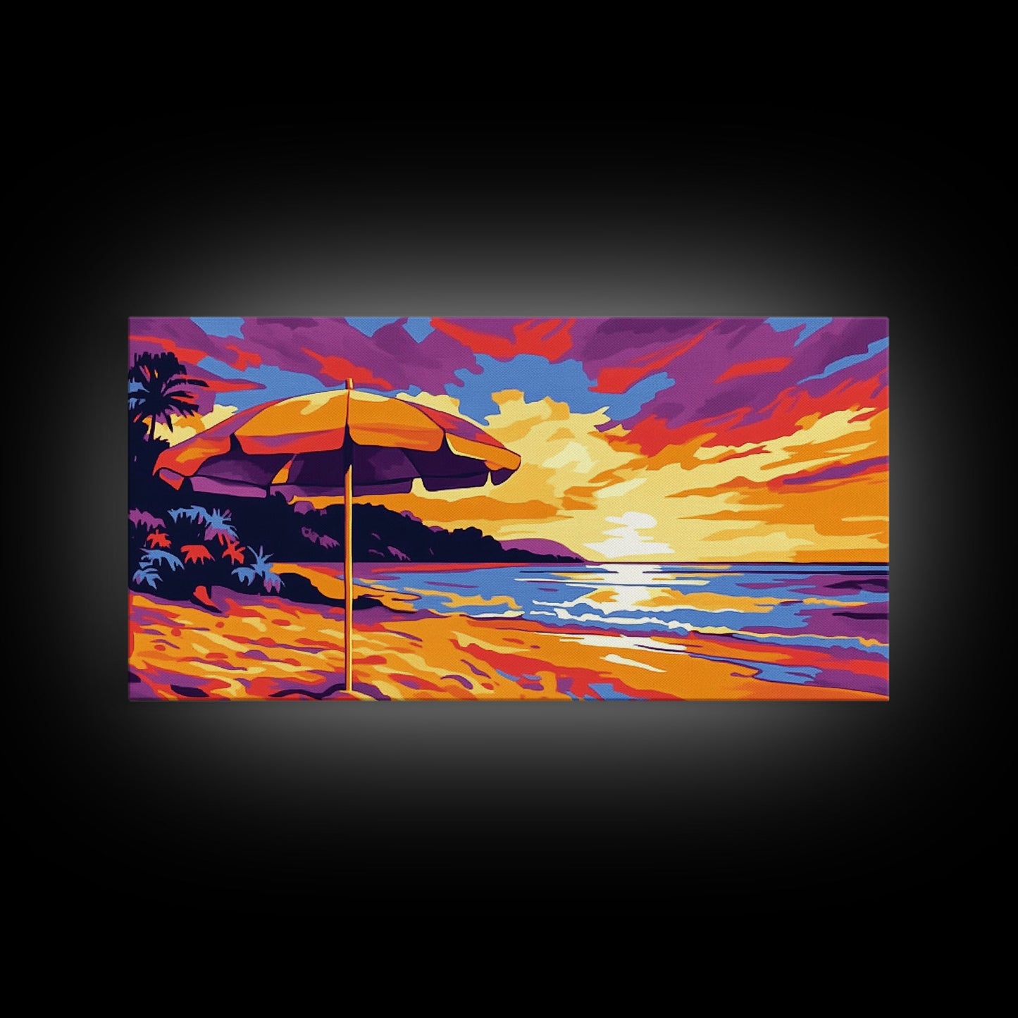 Beach Umbrella, Coastal Sunset Art, Vibrant Ocean Scene, Warm Tropical Decor, Beach Print, Canvas Print, Bedroom Wall Art, Lounge Art