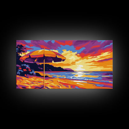 Beach Umbrella, Coastal Sunset Art, Vibrant Ocean Scene, Warm Tropical Decor, Beach Print, Canvas Print, Bedroom Wall Art, Lounge Art