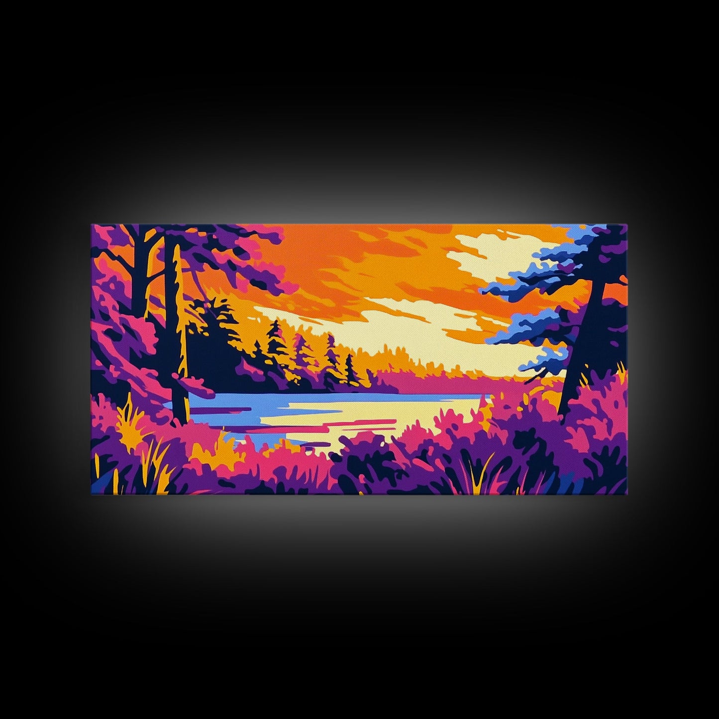 Forest Lake, Autumn Sunset, Vibrant Nature Scene, Rustic Cabin Wall Art, Cozy Home Aesthetic, Framed Canvas Print