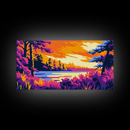 Forest Lake, Autumn Sunset, Vibrant Nature Scene, Rustic Cabin Wall Art, Cozy Home Aesthetic, Framed Canvas Print