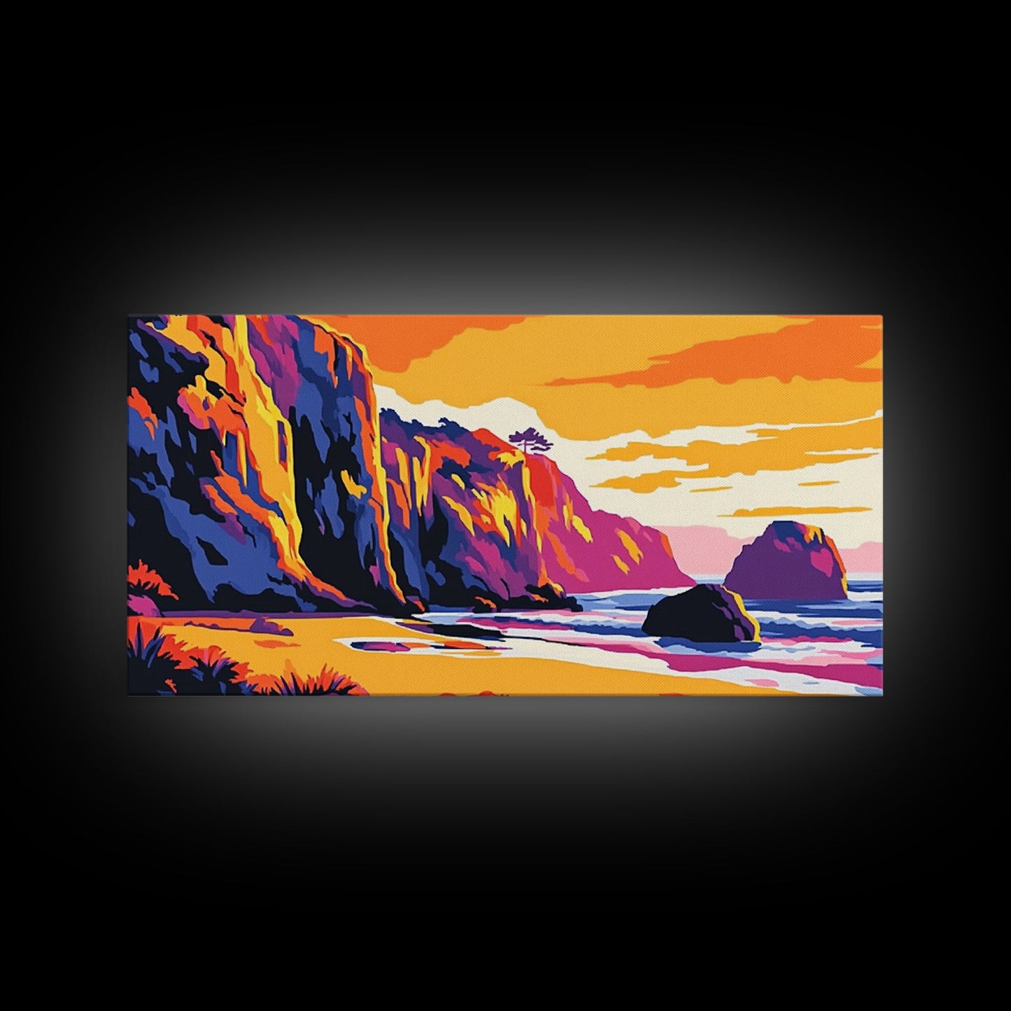 Meeresklippen, Küsten-Sonnenuntergangskunst, Lebendiges Meereslandschaftsgemälde, Strandwanddekoration, Gerahmter Leinwanddruck, Maritime Wohngestaltung, Bürokunst